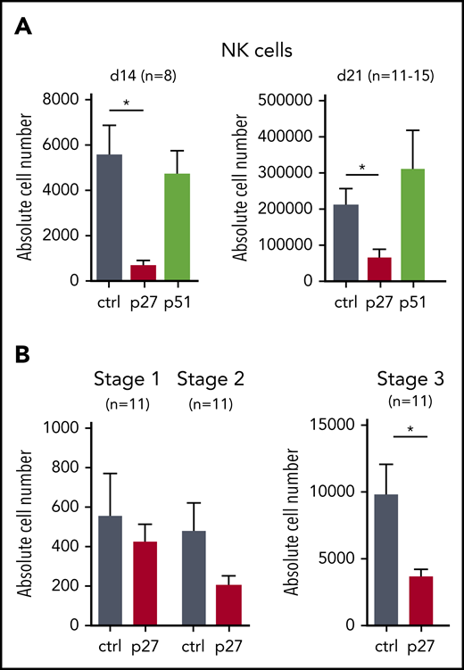 ETS1 loss-of-function in CB HPC inhibits NK cell differentiation. (A) Upon transduction with control (ctrl), ETS1 p27, or ETS1 p51 vectors, sorted CB CD34+Lin–eGFP+ precursor cells were cultured in NK cell–differentiating conditions. Absolute cell numbers of NK cells were determined at the indicated time points. (B) Absolute cell numbers of differentiation stage 1 to stage 3 were determined at d14. Data are presented as mean ± SEM, and the number of experiments is indicated. Significant difference compared with ctrl, *P < .05 (Student t test).