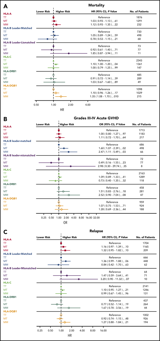 Association of patient leader genotype with clinical outcome. Risks of mortality (A), grades III to IV acute GVHD (B), and relapse (C) associated with patient leader genotypes according to mismatched HLA locus.