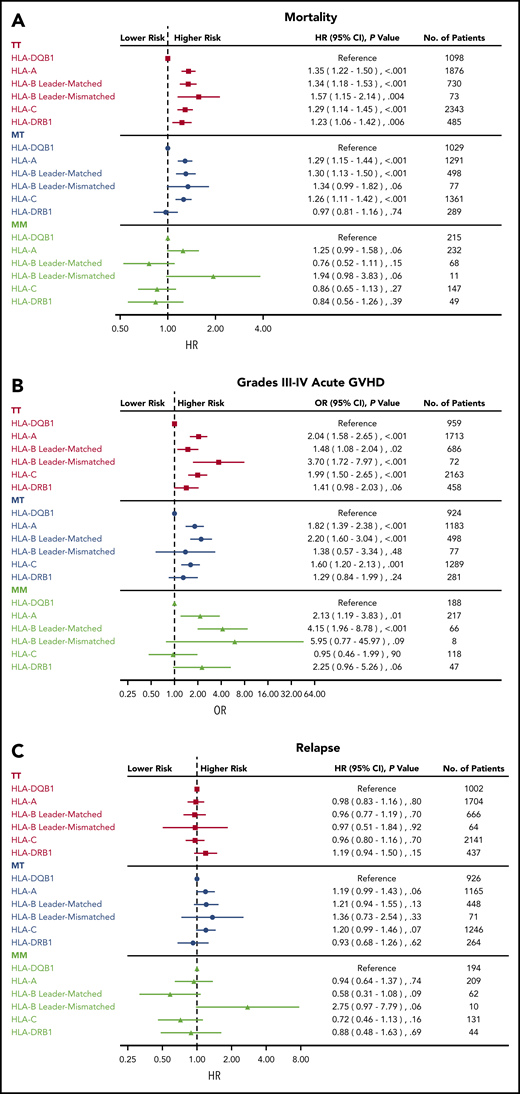 Association of HLA mismatching with clinical outcome. Risks of mortality (A), grades III to IV acute GVHD (B), and relapse (C) associated with one HLA-A, HLA-B, HLA-C, or HLA-DRB1 mismatch relative to one HLA-DQB1 mismatch among patients with TT, MT, and MM leader genotypes.