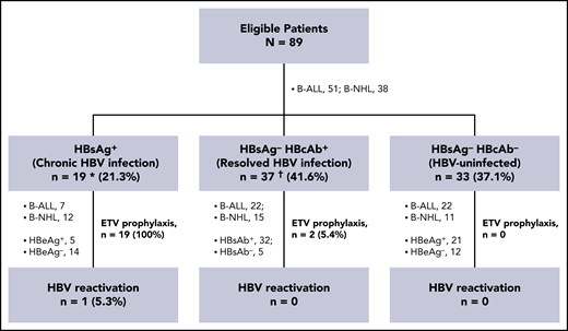 Retrospective analysis of HBV reactivation in patients with different HBV serologic statuses. Among the 89 patients who had received a diagnosis of B-ALL or B-NHL, 21 received ETV prophylaxis, including all of the HBsAg+ patients and 2 of the HBsAg−/HBcAb+ patients. These 2 patients were also seropositive for HBsAb. HBV reactivation was detected in 1 patient with chronic HBV infection. Except for this patient, no patient in each subgroup had HBV reactivation, severe hepatitis, or HBV-related mortality. *Includes 1 patient seropositive for anti-HCV IgG, in whom HCV-RNA was undetectable. †Includes 1 patient seropositive for anti-HEV IgG, but negative for anti-HEV IgM. HCV, hepatitis C virus; HEV, hepatitis E virus.