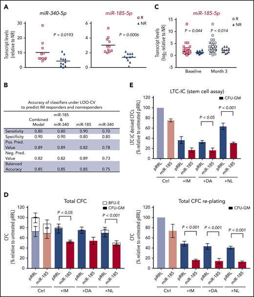 Reduced expression of miR-185 predicts therapy response in CD34+ CML cells and miR-185 reexpression restores TKI sensitivity in these cells. (A) TaqMan qRT-PCR was performed to validate differentially expressed miR-185 and miR-340 in CD34+ cells from IM responders (n = 11) and IM nonresponders (n = 11). (B). Random forest classifier analysis of miR-185 and miR-340, assessed by the leave-one-out cross-validation (LOO-CV) method, to predict IM responders and IM nonresponders. (C) Validation of miR-185 transcript levels in CD34+ cells from 47 responders and 11 nonresponders from a second, separate CML cohort before therapy with the TKI nilotinib (baseline) and 3 months posttreatment. (D) Results of CFC assays (± TKIs) of CD34+ CML cells from TKI nonresponders (n = 3) transduced with either a miR-185 expressing vector or a pRRL control vector, with or without 5 µM IM, 150 nM DA, or 5 µM NL treatment. The y-axis shows the frequency of colonies derived from erythroid-burst forming units (BFU-E) and granulocyte/macrophage-colony forming units (CFU-GM; left panel). Results of replating all the cells harvested from the primary CFC assays (left panel) into secondary CFC assays are shown in the right panel. (E) Results of LTC-IC assays performed on the same transduced cells as in panel D, with or without TKIs, as indicated. Data shown are mean ± standard error of the mean (SEM). CFC outputs were measured for cells from 4 individual patients with CML. P values were calculated using a 2-tailed unpaired Student t test.