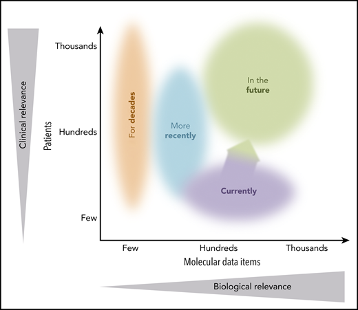 Schematic diagram of scope in translational research. Arrow illustrates that the study by Pararajalingam et al marks the beginning of comprehensive molecular profiling in clinically meaningful numbers of patients with MCL.