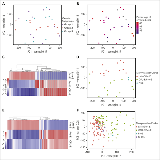 AEL transcriptomes reflect erythroid differentiation rather than genetic mutations. (A) PCA of AEL patient samples based on gene expression. Each point represents 1 sample, colored according to molecular subgroup. (B) PCA of AEL patient samples based on gene expression. Samples are colored according to the amount (percentage) of erythroid cells in the patient’s BM at diagnosis. (C) Heatmap showing correlations between AEL patient samples and the Merryweather-Clarke et al erythroid expression signatures.38 Merryweather-Clarke et al described the expression profiles of enriched human colony-formation unit-erythroid (CFU-E; CD71+CD235−), proerythroblasts (Pro-E; CD71+CD235low), intermediate (Int-E; CD71+CD235high), and late (Late-E; CD71lowCD235high) erythroblast, based on surface cell marker expression. AEL patient-derived expression signatures clustered in an unsupervised manner into the 4 “Merryweather-Clark groups” according to the differentiation stage. (D) PCA of AEL patient samples, colored according to differentiation stage groups defined by Merryweather-Clarke et al. (E) Heatmap of correlations between AEL samples from Iacobucci et al and the Merryweather-Clarke et al data set, clustered in an unsupervised manner into 4 groups according to differentiation stage: CFU-E (CD71+CD235−), proerythroblasts (Pro-E; CD71+CD235low), intermediate (Int-E; CD71+CD235high), and late (Late-E; CD71lowCD235high) erythroblast. (F) PCA of AEL samples from Iacobucci et al36 colored according to differentiation stage groups found when compared with Merryweather-Clarke et al data set.
