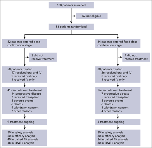 Patient disposition. Six patients did not receive study treatment, including 2 who became ineligible because of elevated liver enzymes, 1 with progressive disease, 1 who died, 1 misdiagnosed, and 1 who withdrew consent after randomization and before start of treatment.