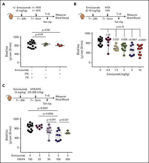 Emicizumab activity in FVIII-deficient mice. (A) FVIII-deficient mice were given incomplete combinations of emicizumab (3 mg/kg given 24 hours before tail amputation), FIX (100 U/kg given 5 minutes before tail amputation), and FX (100 U/kg given 5 minutes before tail amputation), each time with 1 of the 3 proteins missing. The tail bleeding was executed as described in the Figure 3 legend. Data represent individual mice. (B) FVIII-deficient mice were given emicizumab (0-10 mg/kg given 24 hours before tail amputation) and FIX/FX (both 100 U/kg given 5 minutes before tail amputation). Presented is blood loss over 30 minutes vs emicizumab dose. Data represent individual mice. Data for 0 mg/kg emicizumab are similar as those presented in Figure 3A. (C) Emicizumab (5 mg/kg) was given to FVIII-deficient mice in combination with different doses of FIX and FX (25-200 U/kg) prior to tail bleeding as described for panel B. Data for 0 mg/kg emicizumab are similar to those presented in Figure 3A and data for 100 U FIX-FX/kg are similar to those presented in panel B. Statistical analysis was performed via 1-way ANOVA with Dunnett multiple comparison.