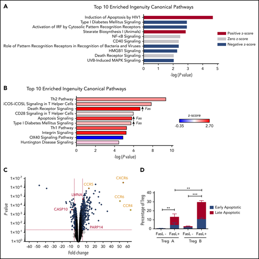 Treg-B are sensitive to FasL-induced apoptosis. (A) IPA comparing Treg-B isolated from AA patients (n = 3) to Treg-B isolated from HD (n = 2) shows the ranking of top 10 significant upregulated canonical pathways by −log (P value). Red indicates positive z score; gray indicates zero z score, and blue indicates negative z score. (B) IPA analysis on the RNA sequencing data shows the ranking of top 10 canonical pathways by −log (P value) in AA Treg-B (n = 3) compared with AA Treg-A (n = 3). Significant upregulation of Fas in 3 out of 10 pathways is indicated. (C) Volcano plot shows the significant differential expressed genes in death receptor signaling (red) and the upregulation of homing receptors (yellow) in Treg-B isolated from AA patients (n = 3) as compared with Treg-A (n = 3). (D) The percentage of early (Viability Dye eFluor 780− Annexin V+) and late (Viability Dye eFluor 780+ Annexin V+) apoptotic cells in Treg-A and Treg-B before and after treatment with 5 μg/mL of anti-Fas. Error bars represent mean ± standard deviation (SD). **P ≤ .01, ***P ≤ .001. IRF, interferon regulatory factor.