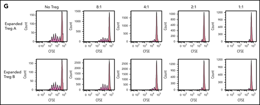 Stability, plasticity, and functionality of in vitro expanded Treg-A and Treg-B. (A) Representative methylation status of TSDR in HD-expanded Treg-A, HD-expanded Treg-B, AA-expanded Treg-A, and AA-expanded Treg-B compared with non-Treg. (B) Bar chart shows the percentage of methylation in HD-expanded Treg-A (n = 2), HD-expanded Treg-B (n = 2), AA-expanded Treg-A (n = 3), AA-expanded Treg-B (n = 3), and non-Treg (n = 2). (C) Representative plots show the percentage of IL-17A+ population in expanded Treg-A and Treg-B cultured with anti-CD3/CD28 beads (Treg:bead ratio = 6.25:1), 10 ng/mL IL-1b, 25 ng/mL IL-6, and 10 IU/mL IL-2 for 5 days and stimulated with Leukocyte Activation Cocktail, with BD GolgiPlug. The x-axis indicates log fluorescence intensity of IL-17A APC. Th17, T-helper 17 cell. (D) Chart shows the mean fluorescence intensity (MFI) quantification of IL-17A staining. Error bars represent mean ± SD. *P ≤ .05. (E) The percentage of proliferation of CFSE-stained Tcon cells when cocultured with autologous HD and AA-expanded total Tregs in 8:1, 4:1, 2:1, and 1:1 Tcon:Treg ratios for 5 days in the presence of anti-CD3/CD28 beads (Treg:beads = 20:1). (F) The proliferation index of CFSE-stained Tcon cells when cocultured with autologous AA-expanded Treg-A or Treg-B in 8:1, 4:1, 2:1, and 1:1 Tcon:, Treg ratios for 5 days in the presence of anti-CD3/CD28 beads (Treg:, beads = 20:1). Error bars represent mean ± SD. **P ≤ .01; ***P ≤ .001. (G) Representative proliferation plots of CFSE-stained Tcon cells when cocultured with autologous AA-expanded Treg-A and Treg-B in different Tcon:Treg ratios (8:1, 4:1, 2:1, and 1:1).