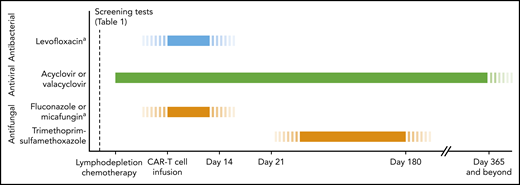 Timeline for antimicrobial prophylaxis in patients receiving CD19-targeted CAR–T-cell therapy. In patients meeting high-risk criteria, refer to Table 2 for additional recommendations for antimicrobial management and infection monitoring. Monitoring absolute CD4 T-cell counts can be considered for guidance regarding when to stop prophylaxis for herpesviruses and Pneumocystis jirovecii pneumonia (PCP), although the utility of this approach in cancer treatment–induced cytopenias is unclear. aDuring periods of severe neutropenia (ANC <0.5 × 109/L).