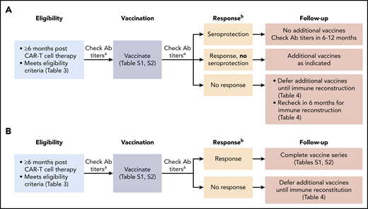 Possible approaches to vaccination strategies after CD19-targeted CAR–T-cell therapy. (A) Possible vaccination approach in CD19-targeted CAR–T-cell therapy recipients who have no history of prior HCT or who completed post-HCT vaccines. (B) Possible vaccination approach in CD19-targeted CAR–T-cell therapy recipients who have a history of prior HCT and did not complete post-HCT vaccines. aCheck serum IgG titers to S pneumoniae (23 serotypes), tetanus toxoid, hepatitis A virus, and HBVsAg. bA response is defined as achieving the following for all administered vaccines: for non–S pneumoniae vaccines: at least twofold increase in IgG from prevaccination to 1 to 2 months postvaccination or achieving a seroprotective IgG level at 1 to 2 months postvaccination77; for the S pneumoniae vaccine (Prevnar 13): at least twofold increase in IgG from prevaccination to 1 month postvaccination, achieving an IgG >1.3 µg/mL for ≥50% of the Prevnar 13 serotypes,77 or as defined by the testing laboratory. Ab, antibody. This figure was adapted from the Fred Hutchinson Cancer Research Center Standard Practice Manual.78