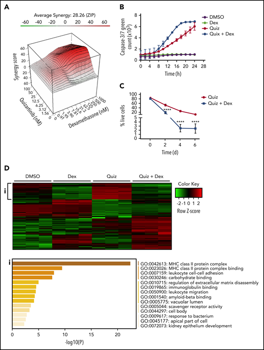Dexamethasone synergizes with quizartinib in FLT3-ITD AML by reversing the inflammatory gene signature. (A) Three-dimensional graph showing the synergy score of quizartinib and dexamethasone combination in MV4-11 cells (48 hours). ZIP, 0 interaction potency. (B) IncuCyte live tracking of activated caspase-3/7 (total green fluorescence) in MV4-11 cells treated with quizartinib (100 nM) and dexamethasone (50 µM) alone or in combination. (C) Combined analysis of replicate experiments to quantify live cells (Annexin V and 7-AAD negative) using FACS analysis for the indicated time points and drug treatments (10 nM quizartinib and 100 nM dexamethasone) in MV4-11 cells. (D) A heat map of differentially expressed genes (green, downregulated; red, upregulated) in MV4-11 cells treated for 48 hours with the indicated drugs (10 nM quizartinib and 100 nM dexamethasone). Pathway analysis shows genes upregulated in quizartinib-treated cells and downregulated in cells treated with the combination of quizartinib and dexamethasone (i). RNA sequencing was conducted in 3 biological replicates. MHC, major histocompatibility complex.