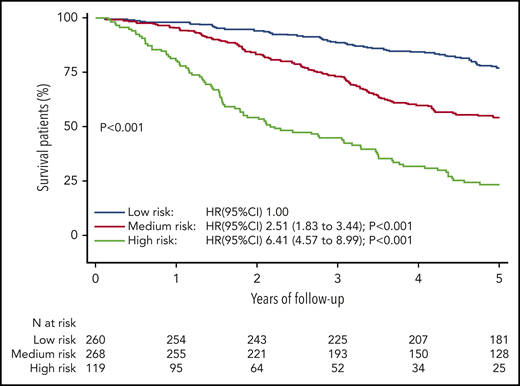 Overall survival according to the 3 risk categories defined by the IFM score in the training cohort. CI, confidence interval; HR, hazard ratio. Reprinted from Corre et al35 with permission.