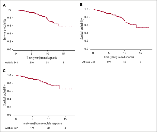 Outcomes of 341 patients with stage I DLBCL. (A) OS. (B) PFS. (C) DFS.