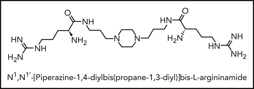 Chemical structure of ciraparantag. The molecule (C22H48N12O2, acetate salt) is composed of naturally occurring amino acid–derived substituents (piperazine and arginine) with short linking elements and is freely water soluble. Molecular mass, 512 Da. Throughout this report, drug doses were expressed as the drug substance ciraparantag acetate.