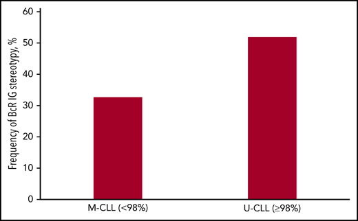 Frequency of BcR immunoglobulin stereotypy in the CLL mutational subgroups. The majority of cases carrying BcR immunoglobulin sequences belonging to U-CLL were assigned to stereotyped subsets compared with approximately one-third of cases from M-CLL.