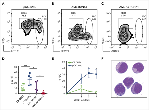 Leukemic blasts from pDC-AML and AML with RUNX1 mutations have greater differentiation propensity to pDCs in vitro. (A-C) The sorted leukemic blasts were cultured in vitro for 2 weeks and subjected to immunophenotyping by flow cytometry. (D) pDC proportions in the culture after 2 weeks were compared. Data are mean ± SD. (E) Time course experiments showed that a high pDC proportion persisted from the leukemic blasts of pDC-AML. Data are mean ± SEM. (F) Wright-Giemsa staining of sorted pDCs (were CD303+ and had bright CD123 and HLA-DR expression and were negative for CD11b, CD14, CD19, CD3, and CD56) from the in vitro culture. AML RUNX1, AML with RUNX1 mutations but no pDC expansion; AML no RUNX1, AML without RUNX1 mutations or pDC expansion. *P < .05, ***P < .001. Original magnification, ×1000 (F).