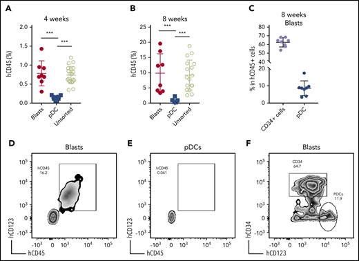 Leukemic blasts differentiate into pDCs in vivo. (A-B) BM cells were harvested from the primary NSG mice receiving pDC-AML leukemic cells, as described in supplemental Figure 4 and supplemental Table 6. The unsorted BM cells, purified leukemic blasts, and purified pDCs were injected IV into secondary NSG mice. Engraftment of human CD45+ cells was evaluated from peripheral blood 4 weeks (A) and 8 weeks (B) after transplant. (C) pDC-AML phenotype in the secondary NSG mice receiving purified leukemic blasts. Data are mean ± SD. (D-E) Representative flow plots showing hCD45+ cells in the secondary NSG mice receiving purified blasts (D) or pDCs (E). (F) Representative flow plot showing pDC-AML phenotype in hCD45+ cells from panel D. ***P < .001.