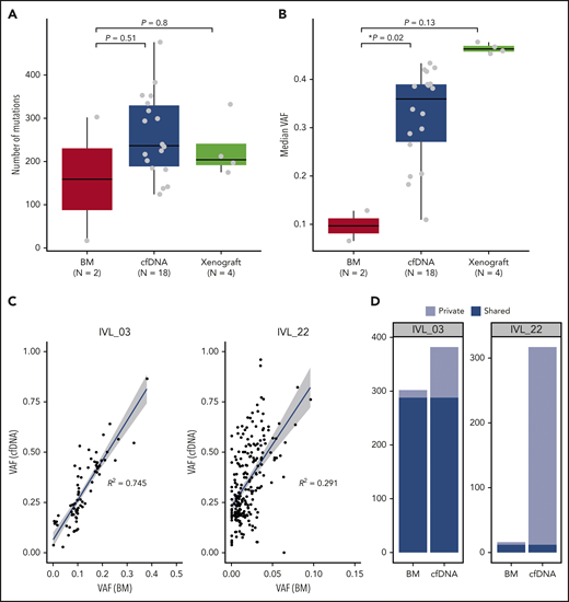 Comparison of mutations identified in BM, cfDNA, and xenograft samples. (A) Number of mutations identified in BM, cfDNA, and xenograft samples. Box-and-whisker plots show the boxes indicating median and interquartile range, and the whiskers denoting the range. The overlaid points are the observed mutation burden of individual samples. (B) Median VAFs of mutations identified in BM, cfDNA, and xenograft samples. Box-and-whisker plots show the boxes indicating median and interquartile range, and the whiskers denoting the range. The overlaid points are the observed mutation burden of individual samples. Asterisks indicate significant differences (Mann-Whitney U test). (C) VAFs of mutations detected in cfDNA and BM cells of IVL_03 and IVL_22 are plotted. VAFs are calculated using the allelic counts of amplicon sequencing (IVL_03) and WES (IVL_22). (D) Mutations identified in BM and cfDNA samples in IVL_03 and IVL_22 are shown. Unique mutations and shared mutations between the 2 samples are shown in different colors.