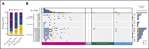 Molecular COO and copy number alterations in HLA class I/II alleles and antigen presentation/processing genes, separated into the PCNSL subtypes. (A) Stacked histograms show the relationship between the molecular COO classification (using the Lymph2CX assay) across 3 subtypes. Because EBV− HIV+ PCNSL represented only 2 COO cases, aggregate data are not shown. UC, unclassified. (B) Each column represents an individual case across the 4 PCNSL subtypes. Copy number altered genes constitute individual rows, with gains and losses shown in gold and blue, respectively. On the far right, percentages indicate the proportion of PCNSL tumors with copy number alterations of the specified gene; red* brain lymphoma TK cell-line, red** patients without PTLD/iatrogenic immunosuppression.