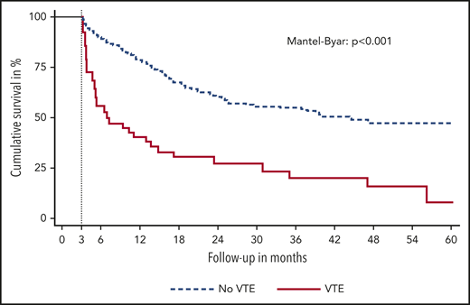 Landmark analysis of OS. Patients are stratified by the occurrence of VTE in the first 3 months of immune checkpoint inhibitor therapy.