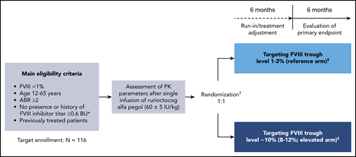 PROPEL study design. Design of this phase 3, prospective, randomized, open-label, multicenter clinical study (#NCT02585960); initiated November 2015, completed August 2018. *In the Nijmegen modification of the Bethesda assay. †Randomization occurred after the PK assessment and was stratified according to patients’ prestudy treatment regimen and ABR (prophylaxis with ABR <5 vs prophylaxis with ABR ≥5 vs on-demand) independent of their individual characteristics (ie, PK profile, activity level, or bleeding activity). ‡Prophylactic dose and dosing frequency with rurioctocog alfa pegol were based on the patient’s individual PK assessment and could be adjusted to maintain the target FVIII trough level on the basis of FVIII assessments at each study visit during the first 6-month study period.