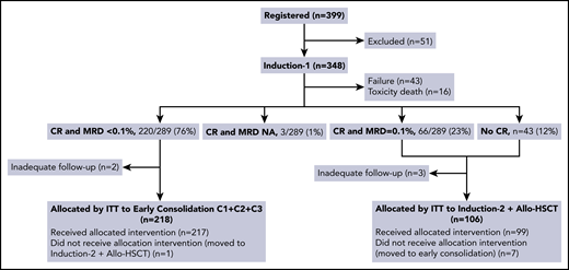 Flowchart of assignations of postinduction treatment by ITT. NA, not available; C1, first consolidation cycle; C2, second consolidation cycle; C3, third consolidation cycle.