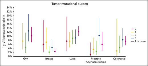 One-year incidence of VTE according to cancer type, stratified by tumor mutational burden. Gyn, gynecologic.
