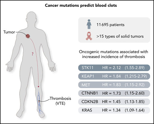 Cancer-causing mutations predict clotting risk. A set of oncogenic mutations has been identified3 to predict the risk of thrombosis in cancer patients. The outstanding challenge is to uncover the mechanisms whereby these mutant cancer genes project their influence systemically, as shown by the "?" in the figure.
