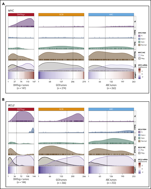 Mechanisms of MYC and BCL2 deregulation within molecular subtypes. (A) Mechanisms of MYC deregulation within molecular subtypes. (B) Mechanisms of BCL2 deregulation within molecular subtypes. Tumors are arranged from lowest to highest mRNA expression within each subtype, and mRNA expression levels are shown relative to the full cohort as log2(Z scores). The vertical dotted black lines indicate the mean expression of MYC or BCL2 within the full cohort. Ticks represent tumors with the indicated SVs, and their proportional distribution within each subtype is represented by curves relative to mRNA expression levels. Ticks on the right side of the vertical dotted black line represent tumors with mRNA expression levels above the cohort mean; ticks on the left represent tumors with mRNA expression levels below the cohort mean. The distributions of IHC-positive and IHC-negative tumors are also shown relative to mRNA expression levels.