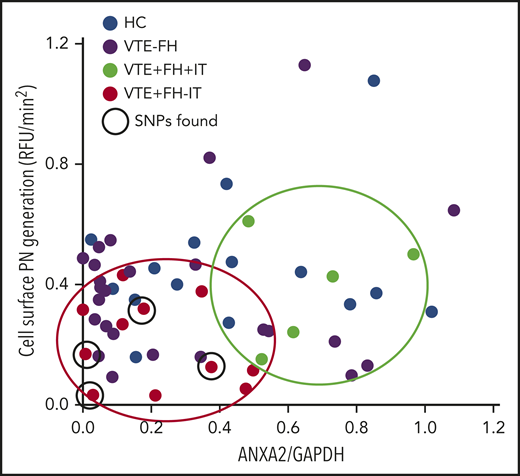 Relationship between A2 expression and plasmin generation. Plasmin-generating capacity (RFU/min2) is plotted against A2/GAPDH expression ratio. Samples from HCs (n = 15, blue dots), VTE with negative FH (VTE−FH, purple dots), VTE with a positive FH and an IT (VTE+FH+IT, green dots, enclosed in green oval), and VTE with a positive FH but no known IT (VTE+FH−IT, red dots, enclosed in red oval) are shown. Subjects testing positive for the 5-SNP cluster are indicated by solid black circles.