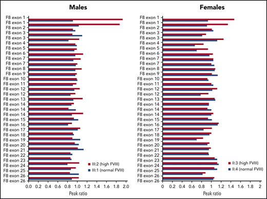 MLPA analysis of the F8 gene in 4 members of family A.F8 MLPA profiles are shown for 2 males with high and normal FVIII levels, respectively (left) and 2 females with high and normal FVIII levels, respectively (right), coded as in Figure 1. The peak obtained for each F8-specific probe was normalized against the average of the peaks of the reference probes in the same DNA sample, and the peak ratio was plotted as a function of the corresponding F8 exon. A peak ratio of ∼1.0 indicates a normal number of copies (1 for males, 2 for females), whereas peak ratios of ∼2.0 (in males) or ∼1.5 (in females) indicate a duplication of the sequence recognized by that probe. Note that some F8 exons, including exon 1, are targeted by >1 probe.