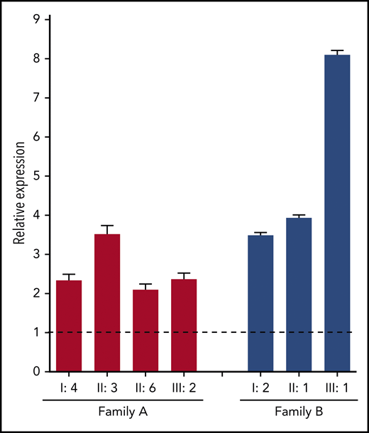 F8 mRNA analysis. Total RNA from peripheral blood lymphocytes was reverse transcribed with an oligo-(dT) primer, and F8 exon 22 was amplified in carriers of the F8 duplication from both families (coded as in Figure 1) and in 4 normal controls. The relative expression of F8 mRNA in carriers of the F8 duplication vs normal controls was calculated using ACTB and GAPDH as reference genes. Error bars represent standard deviations of at least 3 determinations. The dashed line represents the normal F8 expression level in controls.