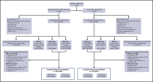Flowchart. †Major protocol violation (cerebral lymphoma) (n = 1), concurrent illness (septic thrombophlebitis due to Staphylococcus aureus) (n = 1), evolution of lymphoma before treatment (n = 1), misdiagnosis (acute leukemia) (n = 1). ‡Major protocol violation (CNS involved) (n = 1), death (n = 1), evolution of lymphoma before treatment (n = 1).