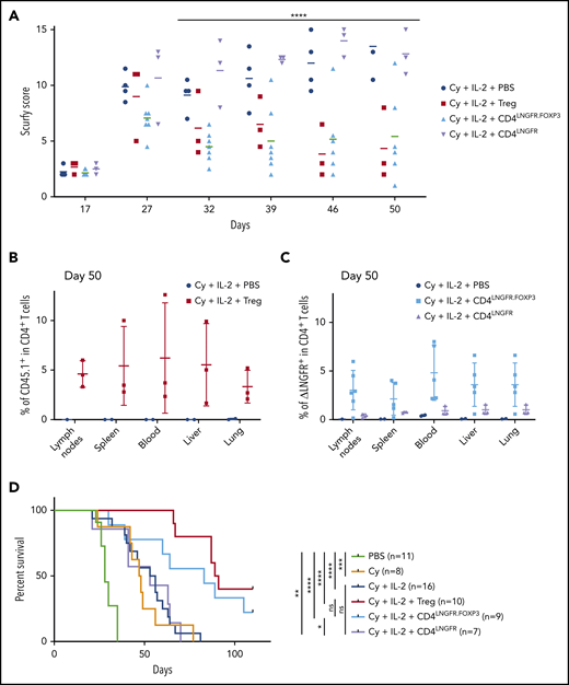Scurfy CD4 T cells engineered with an LNGFR.FOXP3 vector rescue scurfy mice after disease onset. Male scurfy mice (XSf/Y.Rag1+/− on a CD45.2 background) were conditioned by an intraperitoneal injection of 50 mg/kg Cy on day 10 and then received either vehicle, 5 × 105 congenic CD45.1 WT Tregs, CD4LNGFR transduced scurfy cells, or 0.75 × 106 CD4LNGFR.FOXP3 transduced scurfy cells on day 14. Next, 1000 IU/g IL-2 were injected intraperitoneally once a day for 5 days and then once a week. Data from at least 2 independent experiments are shown. (A) The mean plus or minus SD scurfy disease score in mice treated with Tregs, CD4LNGFR, and CD4LNGFR.FOXP3, vs vehicle-treated mice (P = .01, .26, and .02 in a Mann-Whitney test, respectively) on day 42 (n ≥ 3 per group). (B) All of the mice were euthanized on day 50 for flow cytometry analysis. CD45.1 chimerism was analyzed on day 50 (gated on CD4+ T cells) for the lymph nodes, spleen, blood, liver, and lung in mice receiving WT Tregs or PBS. (C) ΔLNGFR chimerism was analyzed on day 50 (gated on CD4+ T cells) in the lymph nodes, spleen, blood, liver, and lung in mice receiving CD4LNGFR.FOXP3 cells, CD4LNGFR cells, or PBS. The level of chimerism was higher in CD4LNGFR.FOXP3-treated mice than in CD4LNGFR-treated mice (P = .001). (D) Survival of scurfy mice from 2 independent experiments. Treatment with IL-2 did not increase survival relative to treatment with Cy or CD4LNGFR cells. Mice treated with Tregs and CD4LNGFR.FOXP3 cells survived significantly longer than Cy-treated mice (P < .0001 and .0195, respectively; n ≥ 5 per group). Follow-up was continued up to 110 days. *P < .05; **P < .01; ***P < .001; ****P < .0001.