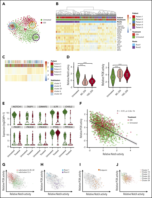 Notch inhibition expands preexisting cells with PI3K signaling activity that coexist with Notch-dependent cells and demonstrate opposing differentiation trajectories. (A) t-SNE plot of leukemic cells colored based on GSI treatment with roots and endpoint highlighted as in Figure 2C. (B) Heatmap depicts the relative activity of various signaling pathways as inferred by PROGENy in all cells comprising the 2 root states. (C) Heatmap demonstrating preexisting cells with PI3K activity in untreated patients. (D) Violin plots show decreasing Notch activity with increasing PI3K activity upon GSI treatment in patient 5 (P5). (E) Violin plots depicting expression of Notch1 target genes (top) and PI3K pathway genes (bottom) in untreated and GSI-treated single cells of P5. (F) Scatter plot depicting negative correlation between relative Notch activity and PI3K activity in leukemic cells from all patients. Cells are colored based on GSI treatment. (G) Projection of RNA velocity vectors onto untreated leukemic cells plotted by PI3K and Notch activity (subclusters defined by monocle; supplemental Figure 14G). (H) Leukemic cells belonging to 2 different root states are highlighted and fall into either high PI3K or high Notch activity clusters. (I) Enrichment of endpoint cells at the interface of converging velocity trajectories. (J) Leukemic cells with high PI3K activity persist after GSI treatment with preserved directionality of RNA velocity (subclusters identified by monocle; supplemental Figure 14G). ****P ≤ .0001 using Kruskal-Wallis test.