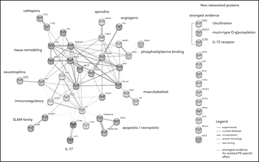 Network analysis of proteins associated with isolated PE. STRING network analysis incorporating proteins with 10% highest or lowest expression within the isolated PE phenotype relative to the global average, proteins identified as specific to the isolated PE phenotype in LASSO-regularized regression, and proteins highly correlated (Spearman’s ρ > 0.7) with these proteins in the sample. The non-networked proteins shown are sorted by strength of evidence, which is based on their consistency of selection across LASSO-regularized regression models: the strongest evidence for an association with isolated PE is provided by the proteins being selected in both the isolated PE vs isolated DVT as well as the isolated PE vs DVT-associated PE models. Node colors indicate cluster membership, as determined using the unsupervised Markov clustering algorithm. Dashed lines indicate inter-cluster edges, whereas solid lines represent intra-cluster connections. Protein–protein connections (ie, the edges of the graph) reflect experimentally established protein–protein interactions, coexpression patterns, protein homology, and putative connections based on text mining.