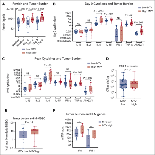 A high tumor burden is associated with greater systemic and tumor inflammation. MTV was calculated from baseline positron emission tomography and divided into patients with low MTV (<150 mL) or high MTV (>150 mL) as previously described.37 (A) Comparison of ferritin levels (n = 67) before axi-cel infusion between patients with low or high MTV as shown. Comparison of cytokine levels (n = 58) at day 0 before axi-cel infusion (B) and at the peak level after axi-cel infusion (C). Comparison of MTV with peak axi-cel expansion (n = 42) (D) and baseline percentage M-MDSC levels (n = 33) (E). (F) Comparison of selected IFN signaling target genes in the baseline TME (n = 26). Shown are IFI6 and IFIT1. All P values by nonparametric Mann-Whitney t tests. *P < .05; **P < .01. mRNA, messenger RNA; NS, not significant.