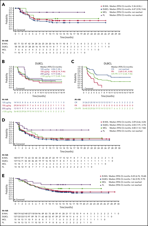 DOR to loncastuximab tesirine, PFS, and OS. DOR by B-NHL subtype (A), for patients with DLBCL by dose (B), and for patients with DLBCL by response (C). (D) PFS for all patients with B-NHL and those with DLBCL, MCL, and FL. (E) OS for all patients with B-NHL and those with DLBCL, MCL, and FL.