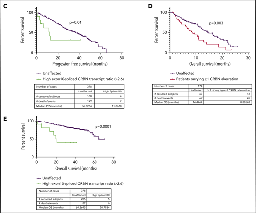 Incidence of mutation, copy loss, structural variation, or high exon 10–spliced transcript of CRBN correlates with outcome to POM in a LEN-refractory cohort. High exon 10–spliced transcript correlates with outcome to induction therapy in ND myeloma. (A) PFS of those who carried the 4 types of CRBN aberration vs those unaffected in the LEN-refractory cohort exposed to POM-based therapy. (B) PFS of those carrying ≥1 of any type of CRBN aberration vs those unaffected in the LEN-refractory cohort exposed to POM-based therapy. (C) Association of high exon 10–spliced CRBN transcript with PFS in the ND cohort undergoing induction therapy. (D) Overall survival (OS) of those carrying ≥1 of any type of CRBN aberration vs those unaffected in the LEN-refractory cohort exposed to POM-based therapy. (E) Association of high exon 10–spliced CRBN transcript with OS in the ND cohort undergoing induction therapy. Comparison of survival curves by log-rank testing in all cases.