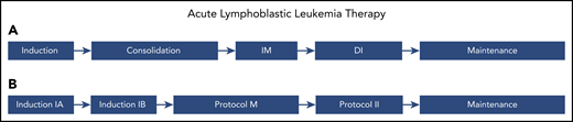 ALL therapy. Classic phases of ALL therapy. The approach is similar across cooperative groups; however, the nomenclature is different. (A) Names of phases used by some cooperative groups, including the Children’s Oncology Group (COG). (B) Names of phases used by other groups, including the Berlin-Frankfurt-Muenster (BFM). The first phase of therapy (induction or induction 1A) consists of 3 to 4 agents and lasts ∼4 weeks, with the goal of achieving remission. This is followed by 3 to 4 months of therapy to consolidate remission. These blocks classically include 1 to 2 months of multiagent chemotherapy with CNS prophylaxis and 2 months of further intensification using a variety of methotrexate-based regimens. The blocks are termed consolidation and interim maintenance (IM) by the COG and induction IB and protocol M by the BFM. The third phase of therapy is intensification, termed delayed intensification (DI) by the COG and protocol II by the BFM. Intensification essentially repeats the therapy used in the first 3 months, with substitution of some agents with drugs in the same class. Finally, the fourth phase of therapy is termed maintenance and consists of low-intensity chemotherapy lasting for 1 to 3 years. Some protocols include a second IM and/or a second DI after DI/protocol II and before maintenance.