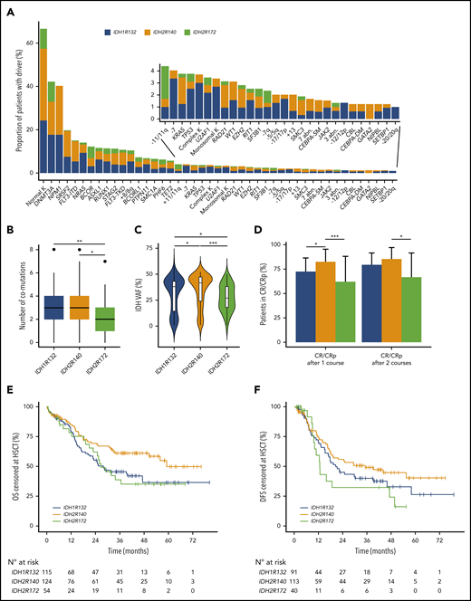 Characteristics of the IDH1/2-mutated AML cohort. (A) Molecular and cytogenetic characteristics of the IDH-mutated AML cohort according to IDH subgroup. (B) Box plots showing the number of co-occurring mutations in each IDH subgroup. (C) Violin plots showing the variant allele frequency of the IDH variant in each IDH subgroup. (D) Bar graph showing the CR/CRp rates after 1 and 2 courses of IC in each IDH subgroup. The error bars represent the upper limit of the 95% confidence interval. OS (E) and DFS (F) censored at HSCT according to IDH subgroup. *q < 0.05; **q < 0.01; ***q < 0.001.