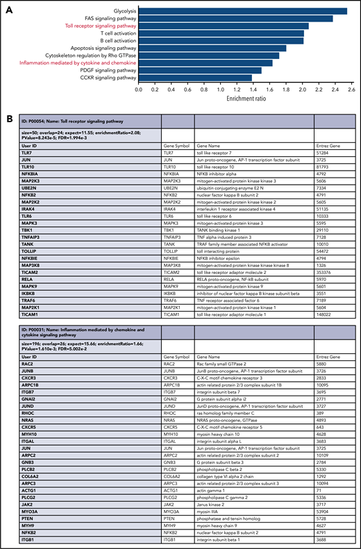 RNA-sequencing of paired sTLR9-positive and sTLR9-negative samples revealed a striking gene set enrichment for lymphocyte activation, adhesion/migration, TLR signaling, and inflammation. (A) The top 10 overrepresented pathways in the differentially expressed gene list between the sTLR9-positive and sTLR9-negative samples. (B) Shows the differentially expressed genes in the TLR signaling pathway and the inflammation mediated by cytokine and chemokine signaling pathway. FDR, false discovery rate.