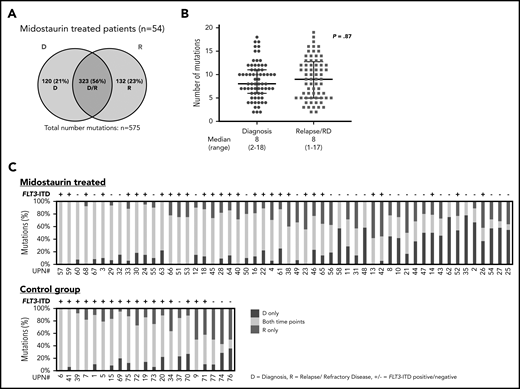 Distribution of somatic variants detected with WES and stability of mutations at D and R. (A) Number of all mutations detected with WES in patients treated with midostaurin (n = 54), which were either present only at D (blue), at R (red), or detectable at both time points (purple intersection). (B) Median number of mutations in patients treated with midostaurin present at the time of diagnosis (blue) or relapse/refractory disease (RD, red). Each dot represents the number of mutations found in a given patient at a given time point. P value was calculated using the Mann-Whitney test. (C) Stability of mutations between D and R in patients treated with midostaurin and the control group. Each bar represents 1 patient. Given is the percentage of mutations present only at D (blue), at R (red), and present at both time points (yellow). Bars are arranged in descending order of stably detectable mutations (yellow). Information on the presence of FLT3-ITD (+ = positive; − = negative) at R is given on the top of each bar.
