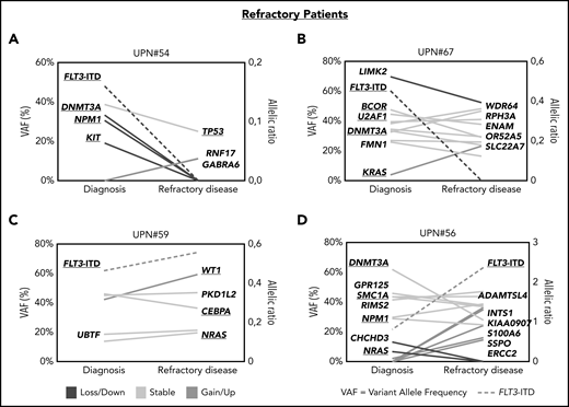 Patterns of clonal evolution in patients with refractory disease. Patterns of clonal evolution in refractory (RD) patients with loss of FLT3-ITD at RD (A-B) or persistent FLT3-ITD at RD (C-D). VAFs are given on the left of each graph and the allelic ratios of FLT3-ITDs on the right. Persistent mutations are color-coded in yellow, lost mutations in blue, and gained or upregulated mutations in green. FLT3-ITDs are indicated by dotted lines.