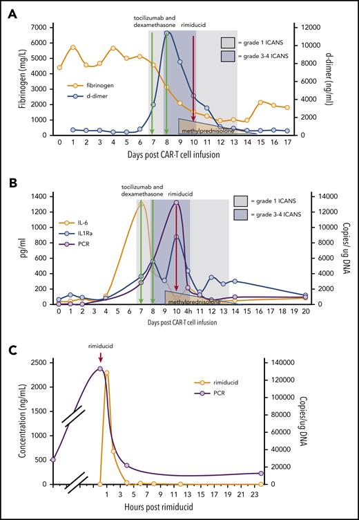 ICANS grade and measures of endothelial activation, cytokine levels, and qPCR for ΔNGFR relative to cell infusion, anticytokine therapy, and rimiducid administration. (A) Fibrinogen and D-dimer. (B) Cytokine levels and ΔNGFR qPCR. (C) Rimiducid pharmacokinetics and CAR T-cell kinetics by qPCR for ΔNGFR.