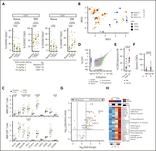 Systemic effects of ipilimumab. (A) Peripheral blood T-cell subsets in patients with myeloid (n = 14) and nonmyeloid (n = 6) disease pre-ipi and after 1 (C2D1) or 3 (C4D1) cycles of ipilimumab (post-ipi) quantified using flow cytometry as percentage of CD4+ or CD8+ T cells. (B) MDS plot calculated from CyTOF data of peripheral blood T cells of 10 NR patients pre-ipi (baseline, n = 10), 1 cycle post-ipi (C2D1, n = 10), or a later timepoint (follow-up, n = 8). Numbers next to dots refer to the patient identifiers used throughout the study (supplemental Tables 4-7). (C) Mean metal intensity (CyTOF) on CD4+ and CD8+ T cells pre-ipi (blue) or 1 cycle post-ipi (yellow) from samples shown in panel B. (D) Frequency of CDR3α and CDR3β sequences in peripheral blood pre-ipi (baseline) and post-ipi (C2D1) (n = 572 017; TCR repertoire sequencing). Dynamic CDR3 sequences with significant changes in abundance (adjusted P value < .01) in purple (expanded, novel = not detectable pre-ipi) or green (contracted, disappeared = not detectable post-ipi). (E) Percentage of CDR3 sequences from disease biopsies detectable in peripheral blood pre-ipi and post-ipi. (F) Absolute number of dynamic CDR3 sequences in patients with response to ipilimumab (CR/TR) (blue, n = 4) and NR (red, n = 5). (G) Differential protein expression post-ipi in patients with response (n = 4) vs patients without response (n = 8) to ipilimumab measured with proximity extension assay (PEA, Olink). (H) Heatmap of protein expression measured with PEA in NR pre-ipi (n = 8), NR post-ipi (n = 16), CR/TR pre-ipi (n = 4), CR/TR post-ipi (n = 8). C2D1/C4D1, second/fourth cycle of ipilimumab; EM, effector memory T cell; MDS, multidimensional scaling; MMI, mean metal intensity; naive, naive T cell; PB, peripheral blood.