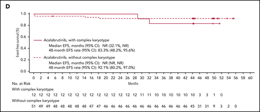 PFS and EFS in patients with high-risk features. Shown are Kaplan-Meier curves for PFS and EFS by del(17p) and TP53 mutation status (A and B, respectively) and by complex karyotype (C and D, respectively).