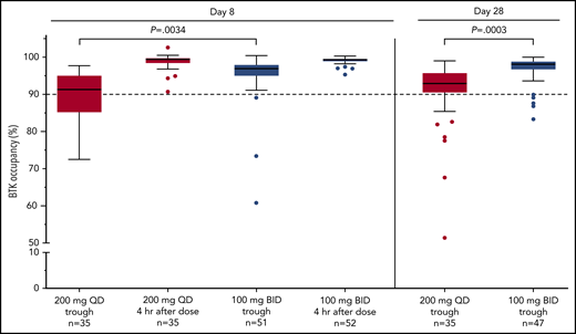 BTK occupancy. The level of drug binding to BTK over time in PBMCs. BTK target occupancy ELISA was performed on PBMC lysates using biotin-tagged probes. The figure shows data from the assessment at day 8 prior to the subsequent dose (steady-state trough) and day 28. “Pre” refers to time point preceding the morning dose. “Post” refers to 4 hours after the dose. The horizontal lines indicate the median value. Statistical significance was determined using an unpaired, parametric, 2-tailed Student t test (descriptive P values were reported). BID, twice daily; ELISA, enzyme-linked immunoassay; QD, once daily.
