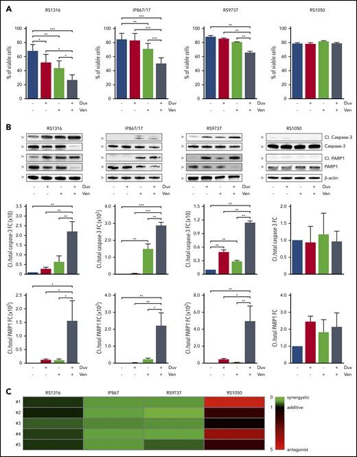 Induction of apoptosis in RS cells ex vivo treated for 24 hours with Duv, Ven, and their combination. (A) Percentage of viable RS cells after 24 hours’ treatment with vehicle (blue), Duv (red), Ven (green), and their combination (gray). Data are reported as mean ± SEM. (B) Expression levels of cleaved (Cl.) and total Caspase-3 and PARP1 in RS cells after 24 hours’ treatment with Duv, Ven, and their combination. Bar plots represent intensity of proteins bands in 5 independent experiments. Band intensities were measured using Image Lab, normalized on β-actin, and plotted as fold change (FC) over the band of vehicle treated cells. Data are reported as mean ± SEM. (C) CI analysis. CI was calculated using the Bliss Independence model to compute the effect of Duv and Ven combination. Synergistic effect is defined as CI < 1 (green), while additive effect is CI around 1 (black) and antagonist effect is CI > 1 (red). Statistical analysis was performed using 1-way ANOVA; *P < .05, **P < .01, ***P < .001, ****P < .0001.