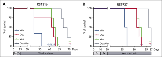Survival of RS-PDX IV models treated with Duv, Ven, and their combination. Survival curves of (A) RS1316 and (B) RS9737 systemic RS-PDX models treated with vehicle (Veh; blue), Duv (red), Ven (green), and their combination (Duv/Ven; gray). En, engraftment; Tx, treatment. Statistical analysis was performed using Mantel-Cox test; *P < .05, **P < .01, ***P < .001, ****P < .0001.