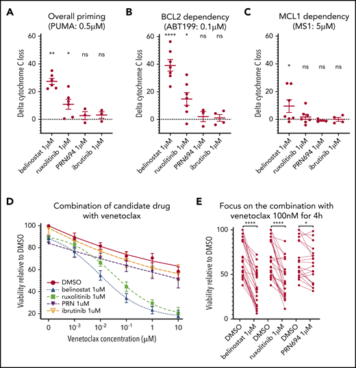 Influence of belinostat, ruxolitinib, PRN694, and ibrutinib on apoptotic priming and viability. (A-C) Impact of 24-hour exposure to 1 μM belinostat, ruxolitinib, PRN694, or ibrutinib on BH3 profiling, shown as delta percentage cyt c loss (delta is percentage loss of T-PLL cells treated with drug minus percentage loss of T-PLL cells in DMSO). Results show individual delta values, as well as means ± standard error of the mean (SEM) for 6 (belinostat), 7 (ruxolitinib), 3 (PRN694), and 4 (ibrutinib) different T-PLL samples (paired Student t test). Overall priming was evaluated with the PUMA peptide at 0.5 μM (A), BCL-2 dependency with venetoclax at 0.1 μM (B), and BCL-2 dependency with MS1 peptide at 0.5 μM (C). (D) Induction of apoptosis shown as percentage of viable (annexin V negative/Hoechst positive, relative to control) cells after a 24-hour exposure to DMSO, ruxolitinib 1 μM, belinostat 1 μM, PRN694 1 μM, or ibrutinib 1 μM and 4-hour exposure to increasing concentrations of DMSO alone and venetoclax (1 nM, 10 nM, 100 nM, 1 μM, and 10 μM; n = 24; mean ± SEM). (E) On the same dataset as in panel D, focused on venetoclax at 100 nM, showing individual values of samples treated with ruxolitinib, belinostat, and PRN694 (n = 24; paired Student t test). *P < .05; **P < .01; ****P < .0001. ns, not significant.